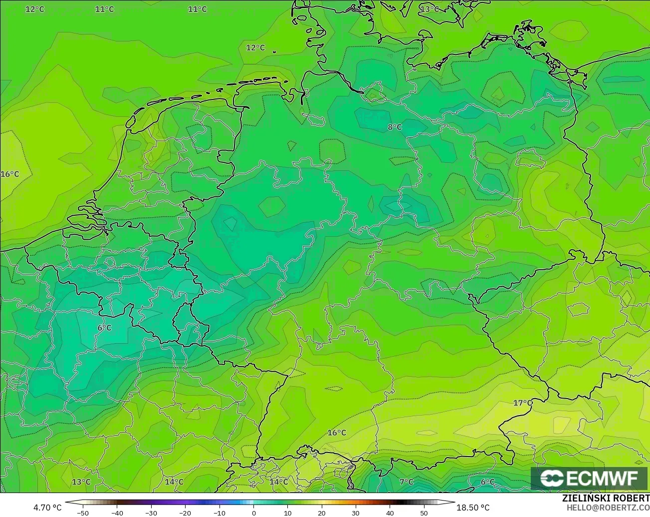 ECMWF IFS 0.25° modelo - Alemania, Punto de rocío a 2 m