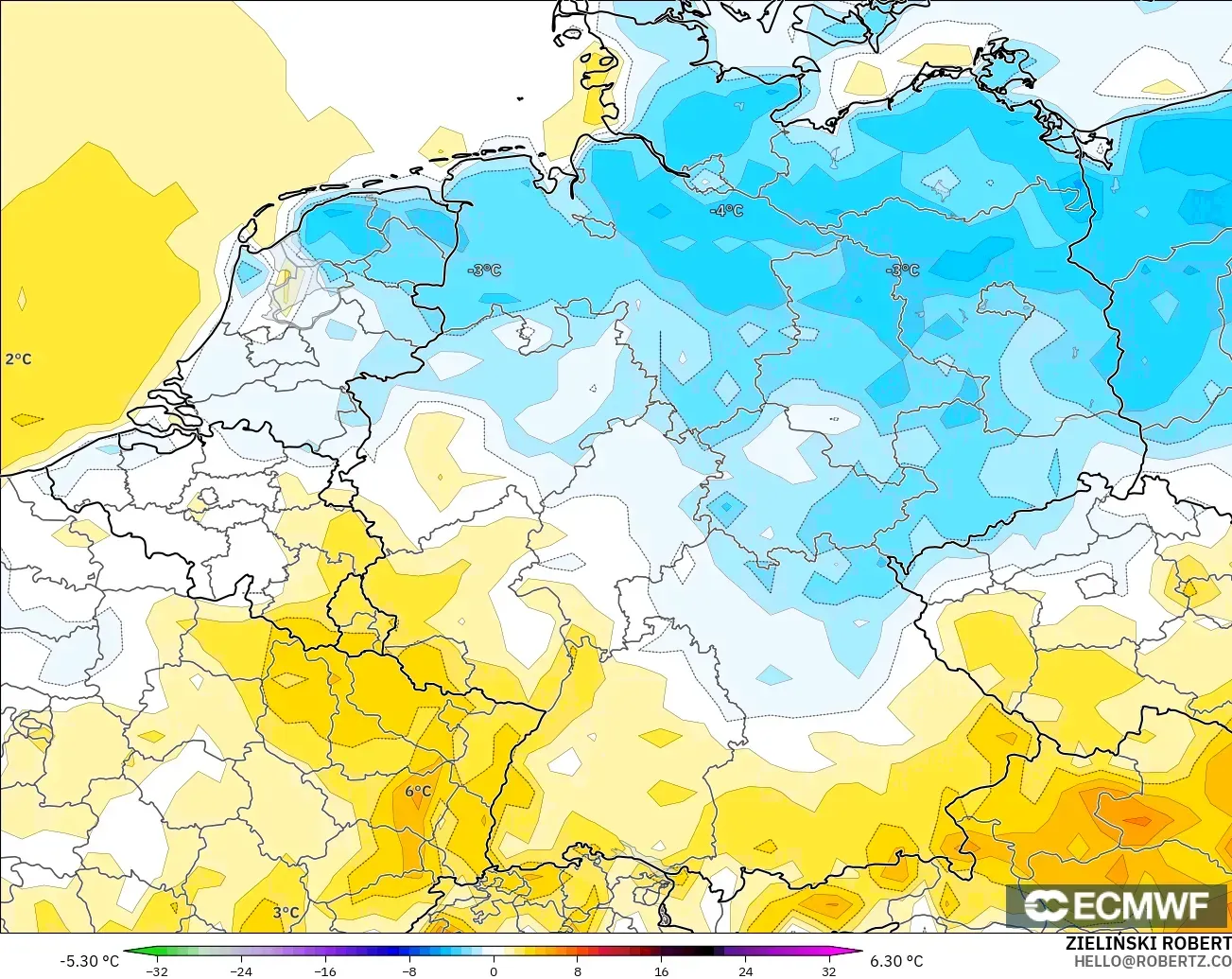 ECMWF IFS 0.25° modelo - Alemania, Anomalía de temperatura a 2 m