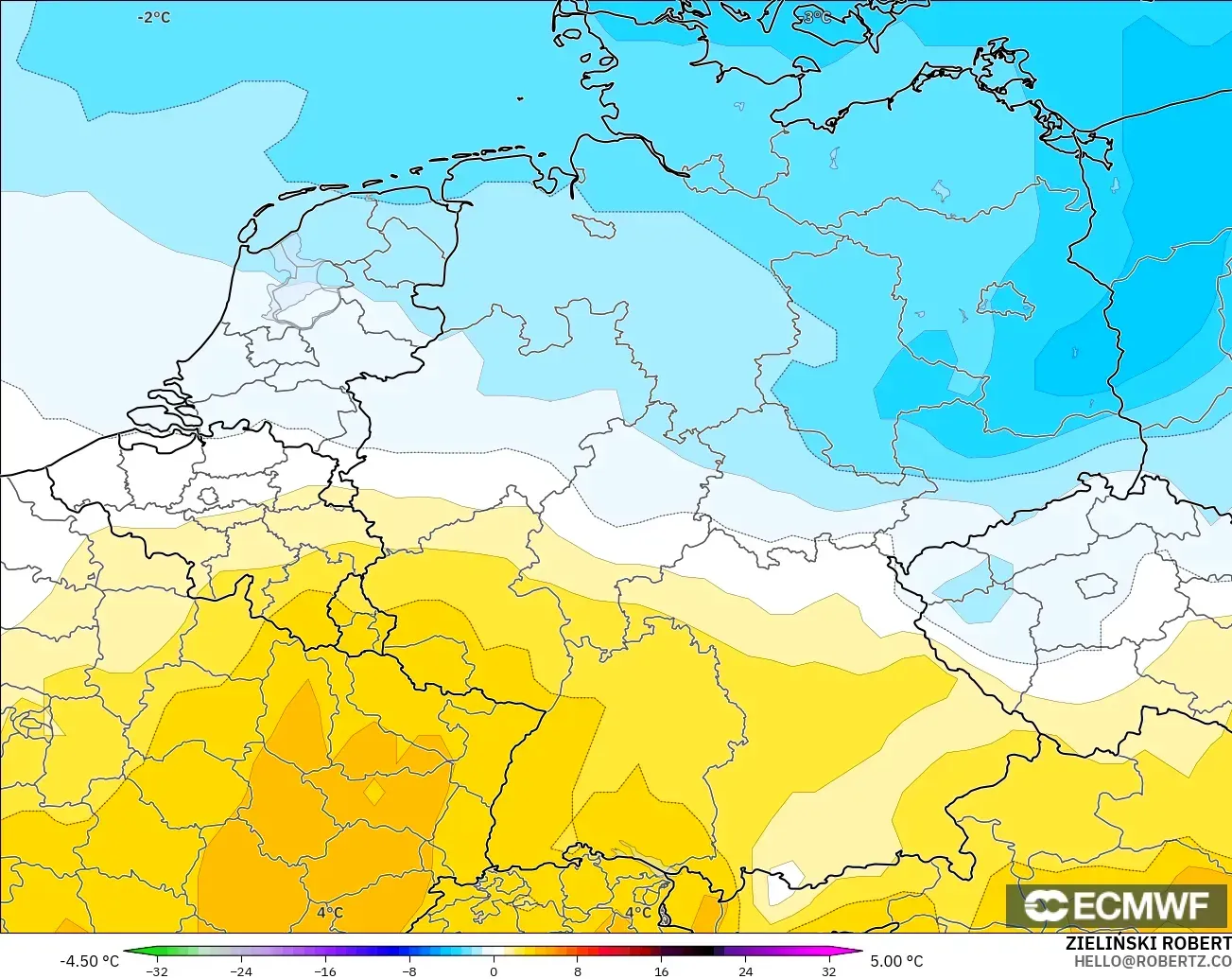 ECMWF IFS 0.25° modelo - Alemania, Anomalía de temperatura a 850 hPa