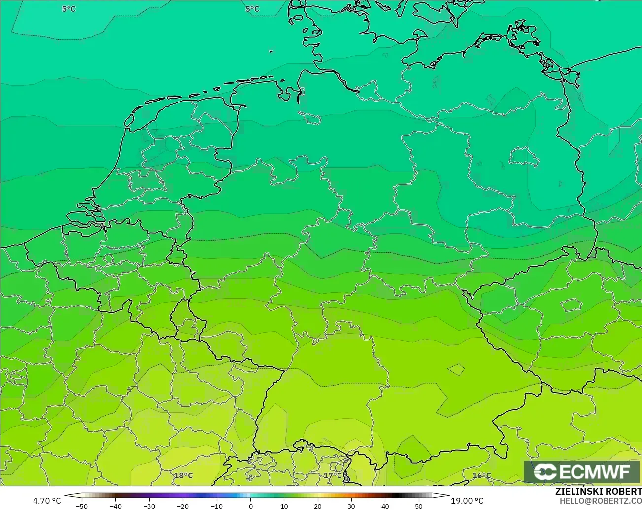 ECMWF IFS 0.25° modelo - Alemania, Temperatura a 850 hPa