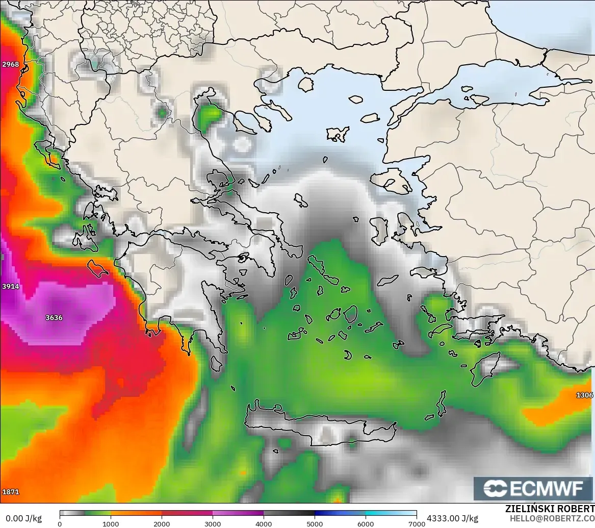 ECMWF IFS 0.25° modelo - Grecia, CAPE