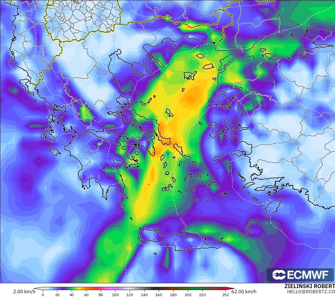 ECMWF IFS 0.25° modelo - Grecia, Ráfagas de Viento Máximas