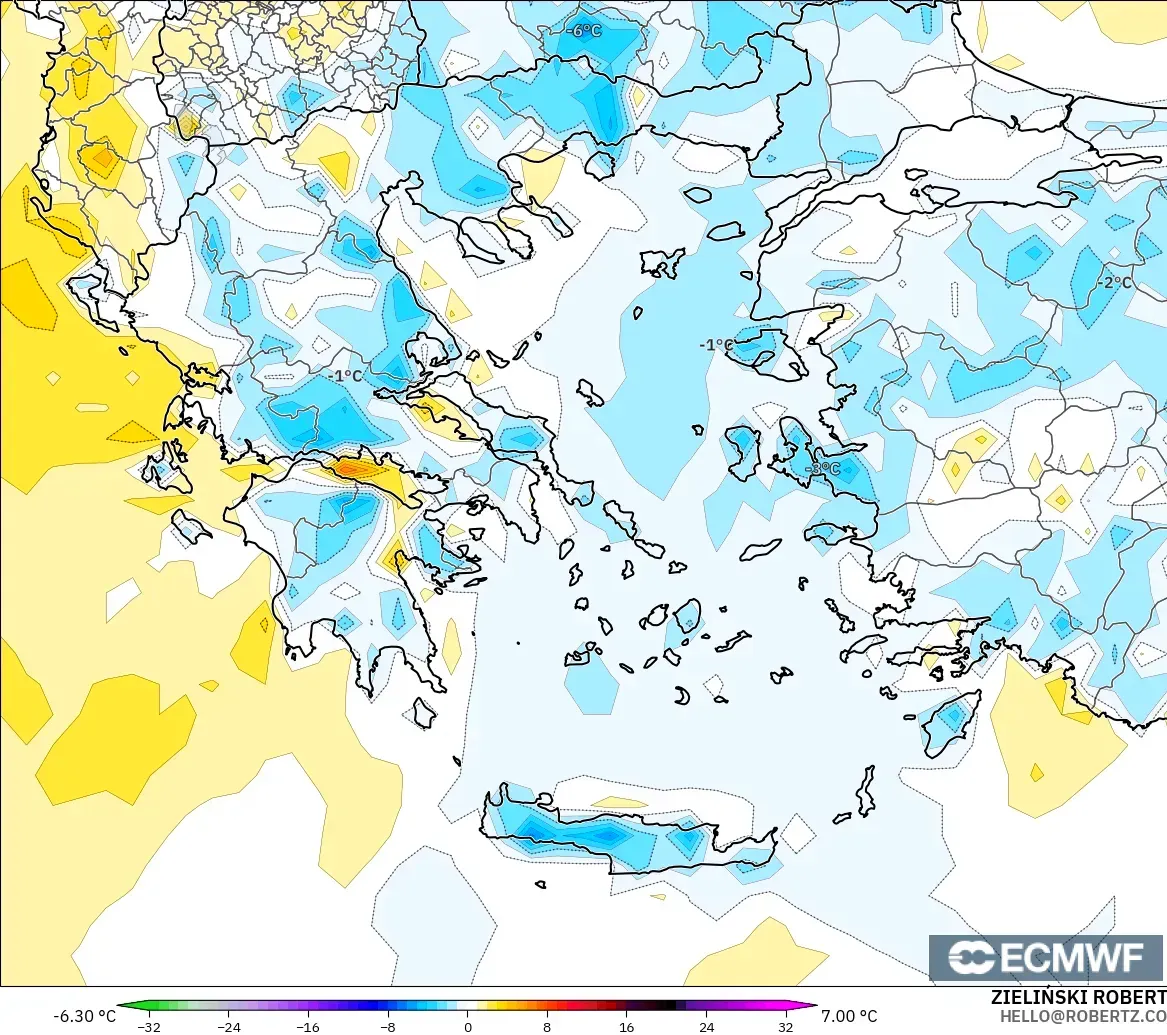 ECMWF IFS 0.25° modelo - Grecia, Anomalía de temperatura a 2 m