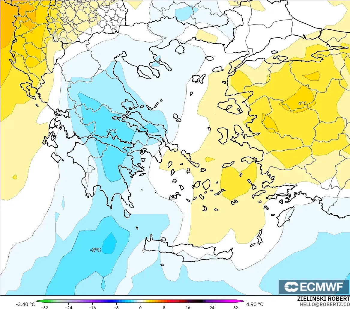 ECMWF IFS 0.25° modelo - Grecia, Anomalía de temperatura a 850 hPa