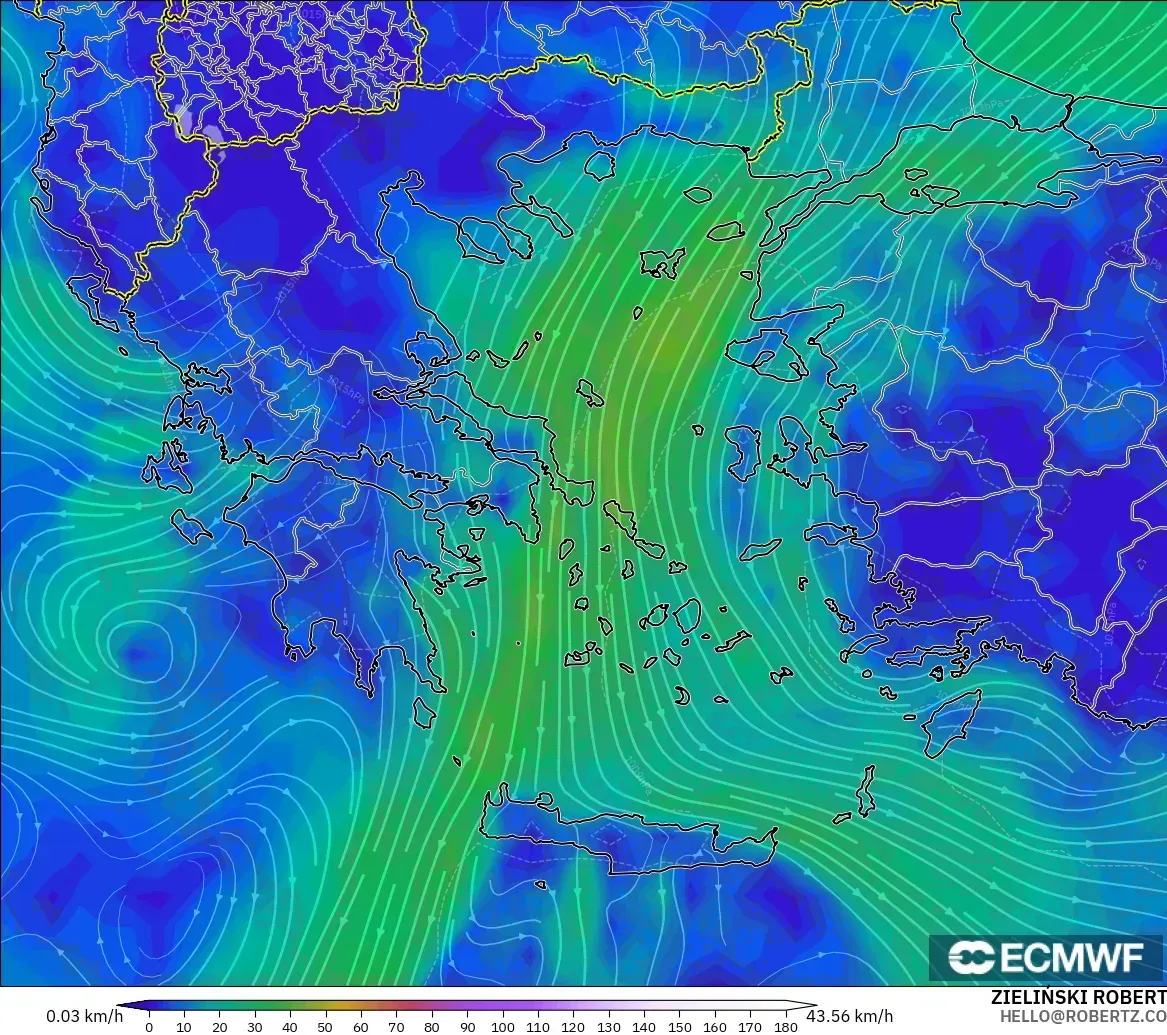 ECMWF IFS 0.25° modelo - Grecia, Viento a 10 m