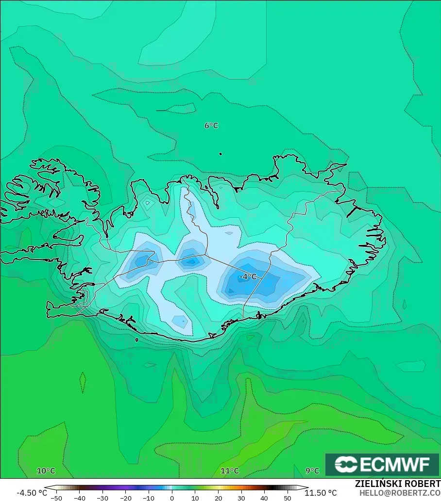 ECMWF IFS 0.25° modelo - Islandia, Punto de rocío a 2 m