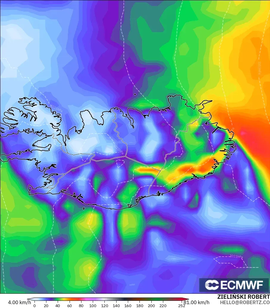 ECMWF IFS 0.25° modelo - Islandia, Ráfagas de viento