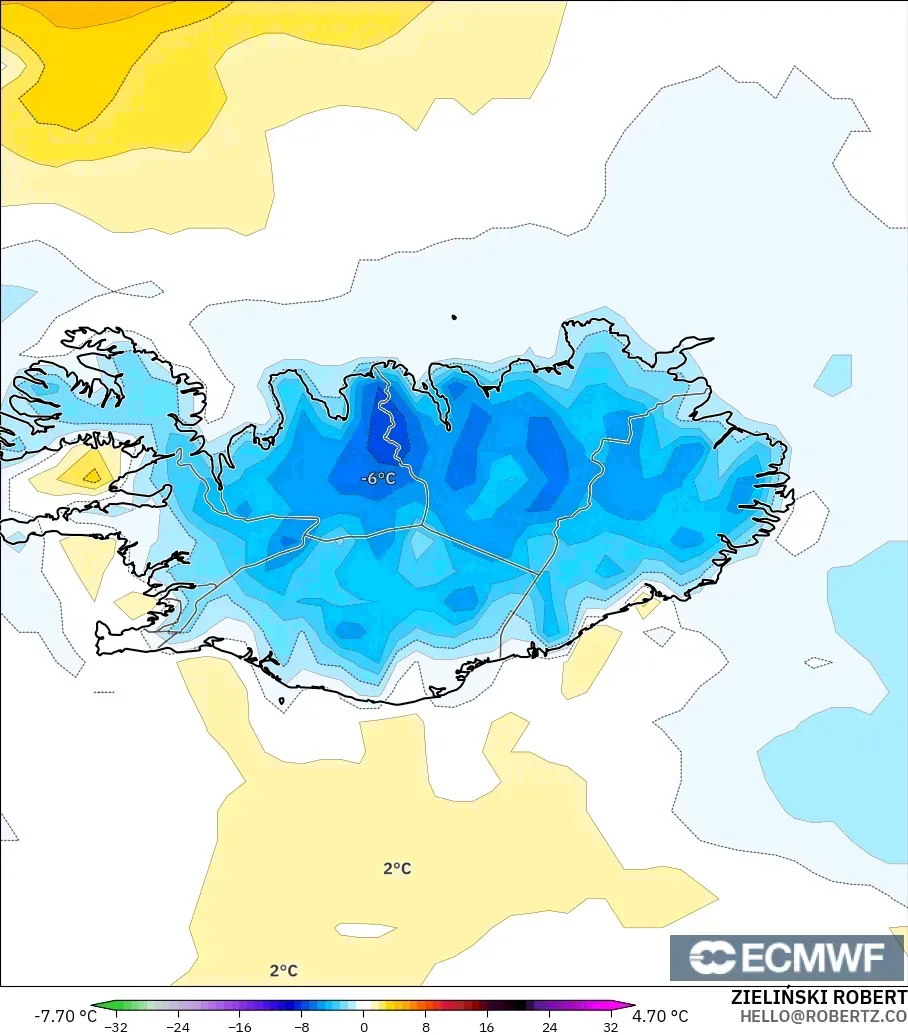 ECMWF IFS 0.25° modelo - Islandia, Anomalía de temperatura a 2 m
