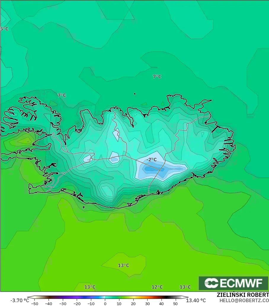 ECMWF IFS 0.25° modelo - Islandia, Temperatura a 2 m