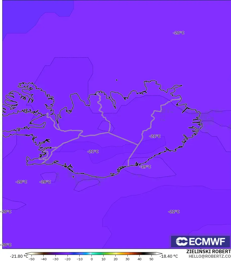 ECMWF IFS 0.25° modelo - Islandia, Temperatura a 500 hPa
