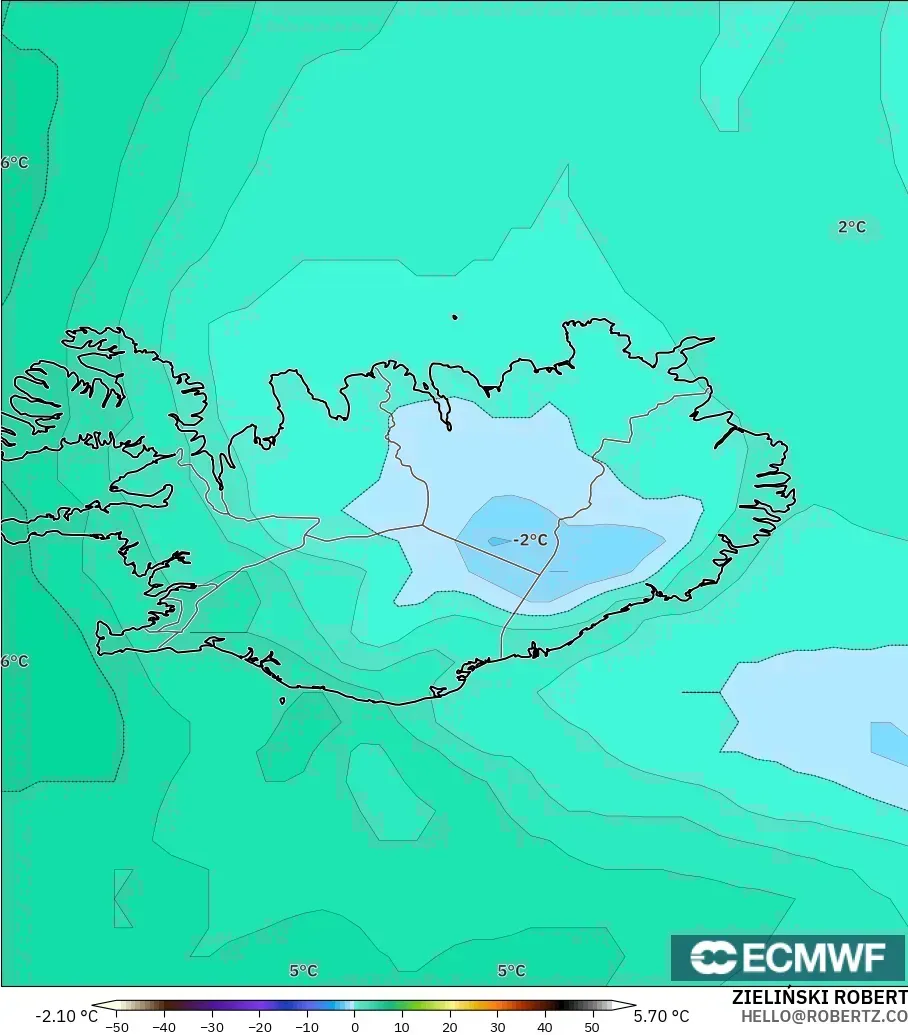 ECMWF IFS 0.25° modelo - Islandia, Temperatura a 850 hPa