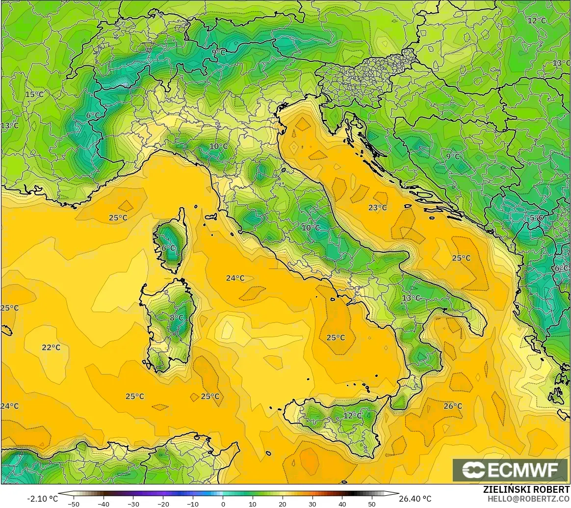 ECMWF IFS 0.25° modelo - Italia, Punto de rocío a 2 m