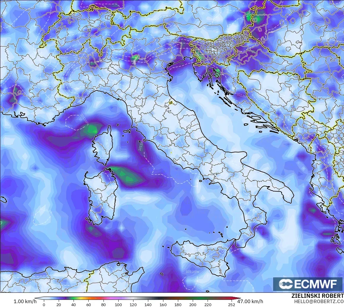 ECMWF IFS 0.25° modelo - Italia, Ráfagas de viento
