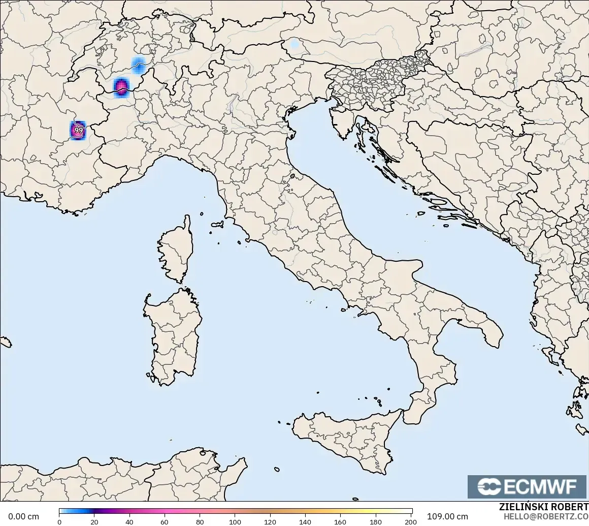 ECMWF IFS 0.25° modelo - Italia, Profundidad de nieve