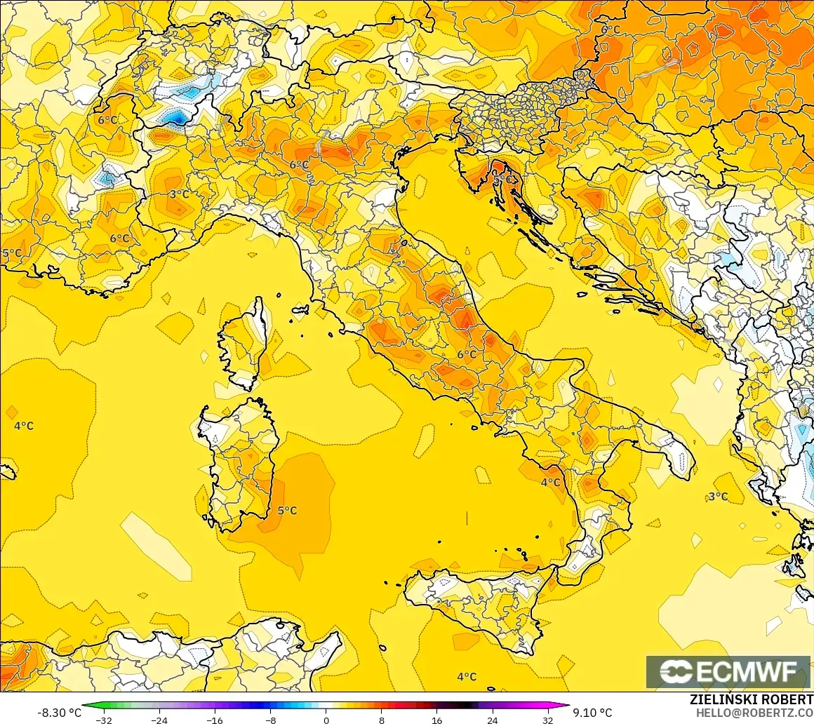 ECMWF IFS 0.25° modelo - Italia, Anomalía de temperatura a 2 m