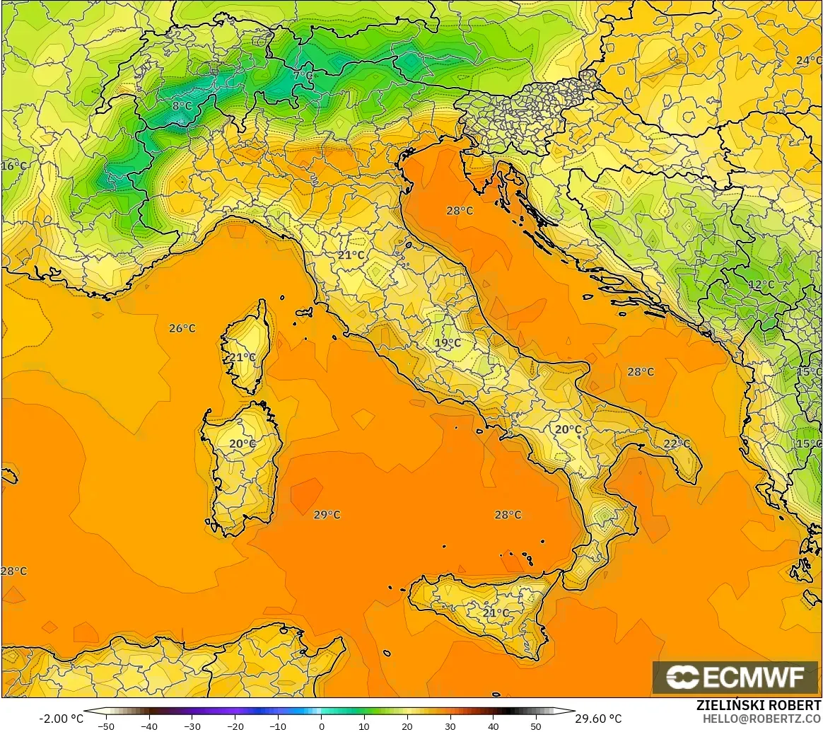 ECMWF IFS 0.25° modelo - Italia, Temperatura a 2 m