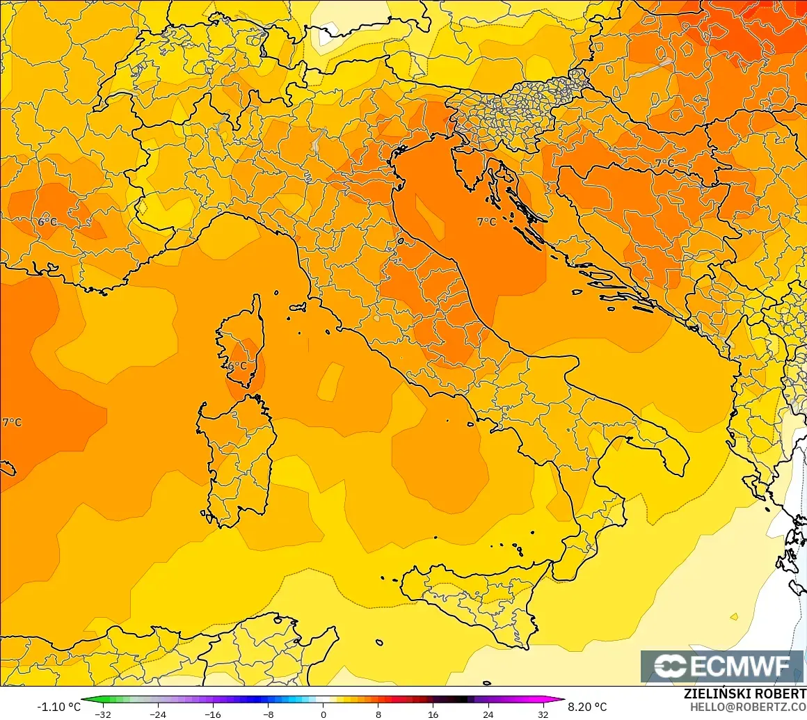 ECMWF IFS 0.25° modelo - Italia, Anomalía de temperatura a 850 hPa