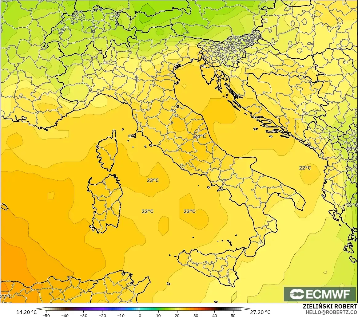 ECMWF IFS 0.25° modelo - Italia, Temperatura a 850 hPa