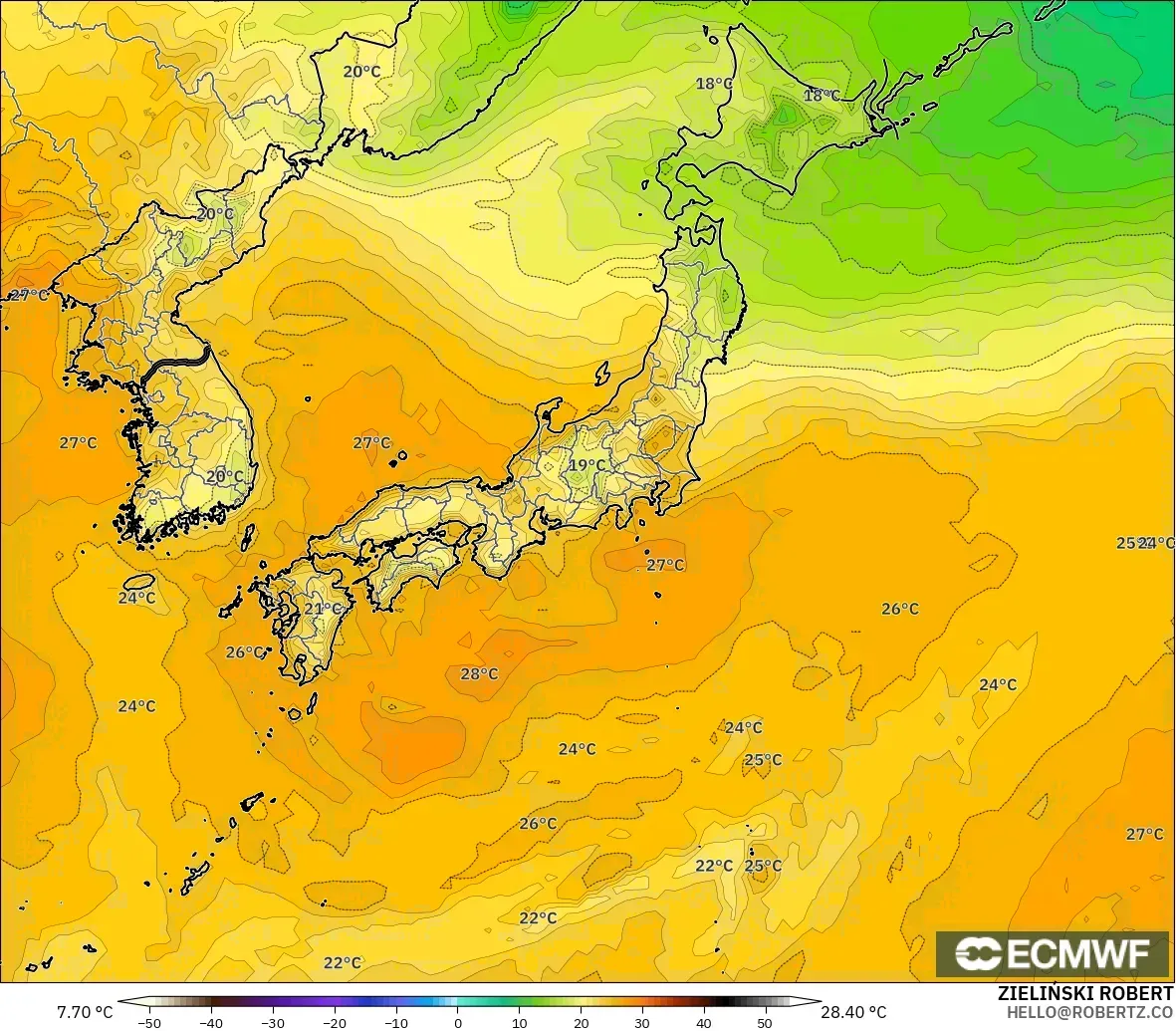 ECMWF IFS 0.25° modelo - Japón, Punto de rocío a 2 m