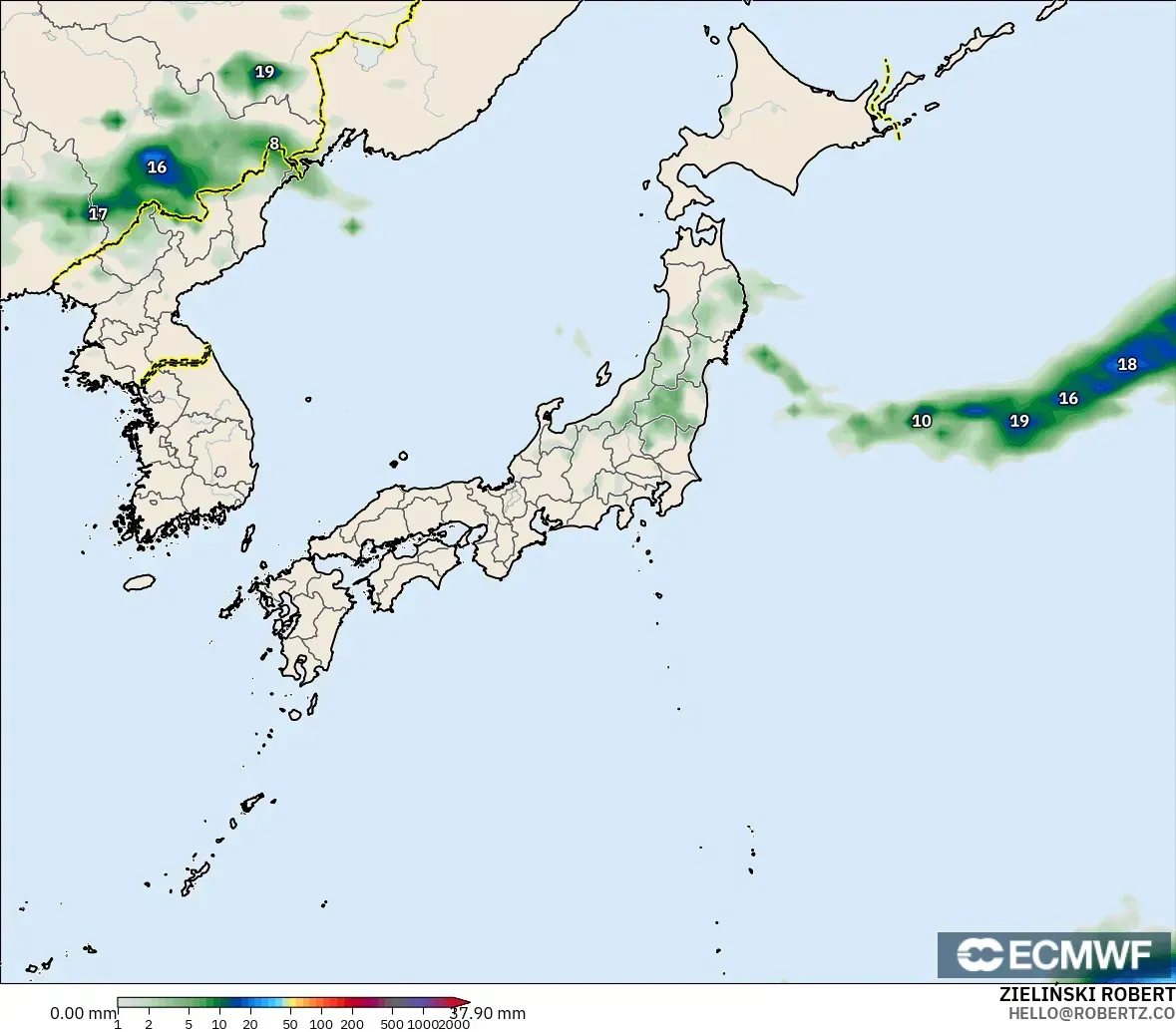 ECMWF IFS 0.25° modelo - Japón, Acumulación de precipitación