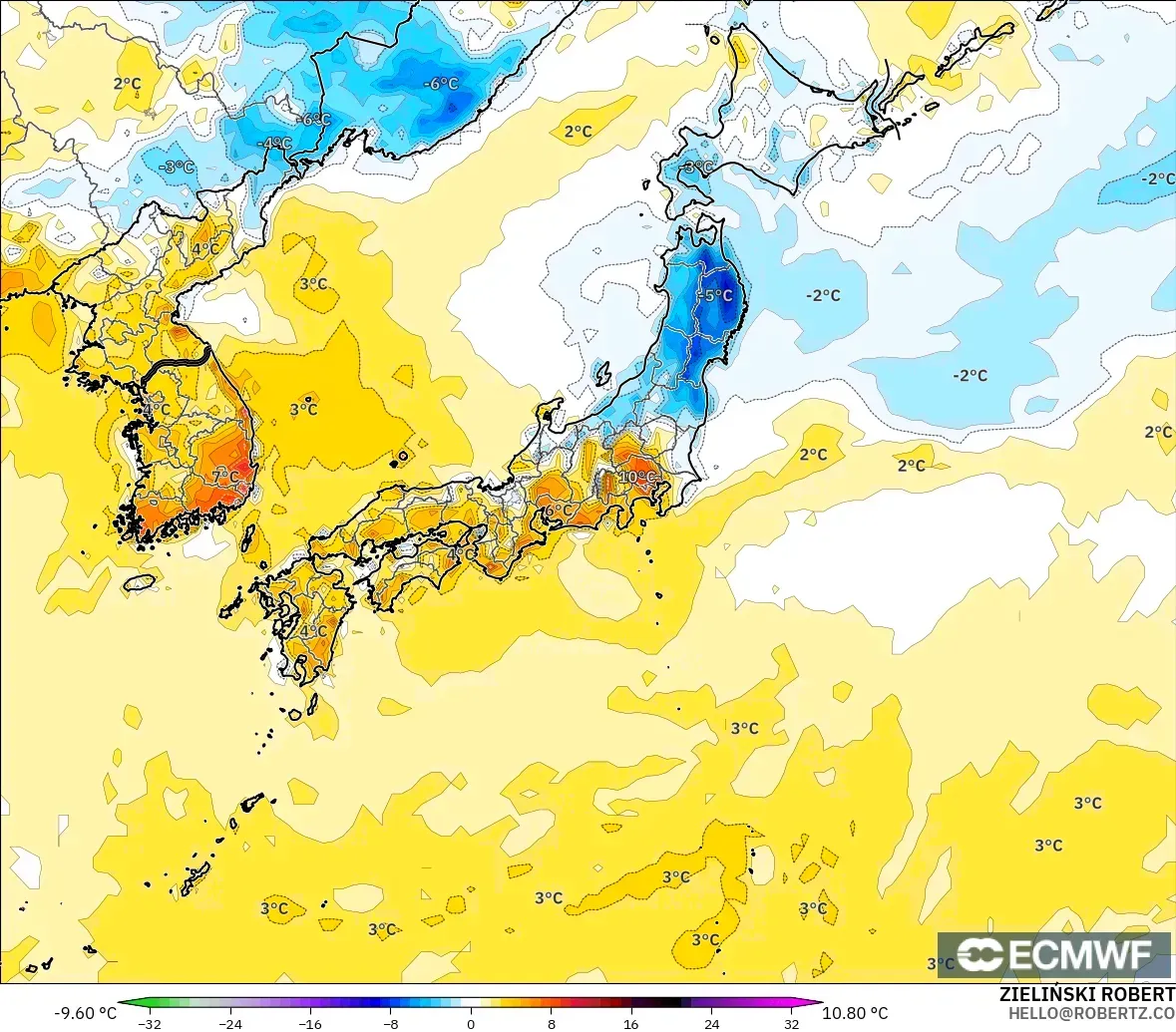 ECMWF IFS 0.25° modelo - Japón, Anomalía de temperatura a 2 m