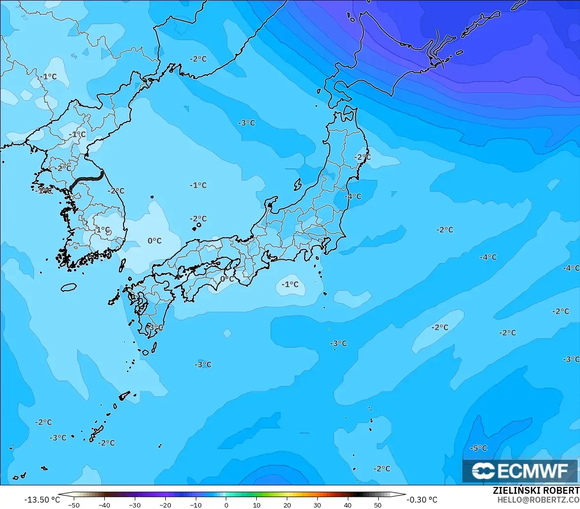 ECMWF IFS 0.25° modelo - Japón, Temperatura a 500 hPa