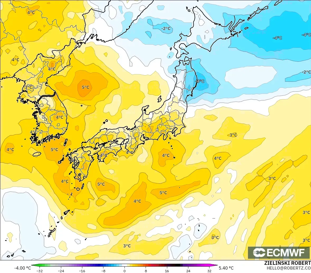 ECMWF IFS 0.25° modelo - Japón, Anomalía de temperatura a 850 hPa