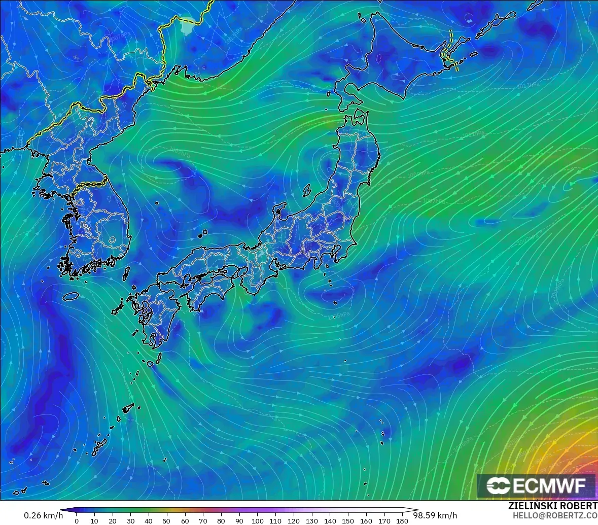 ECMWF IFS 0.25° modelo - Japón, Viento a 10 m