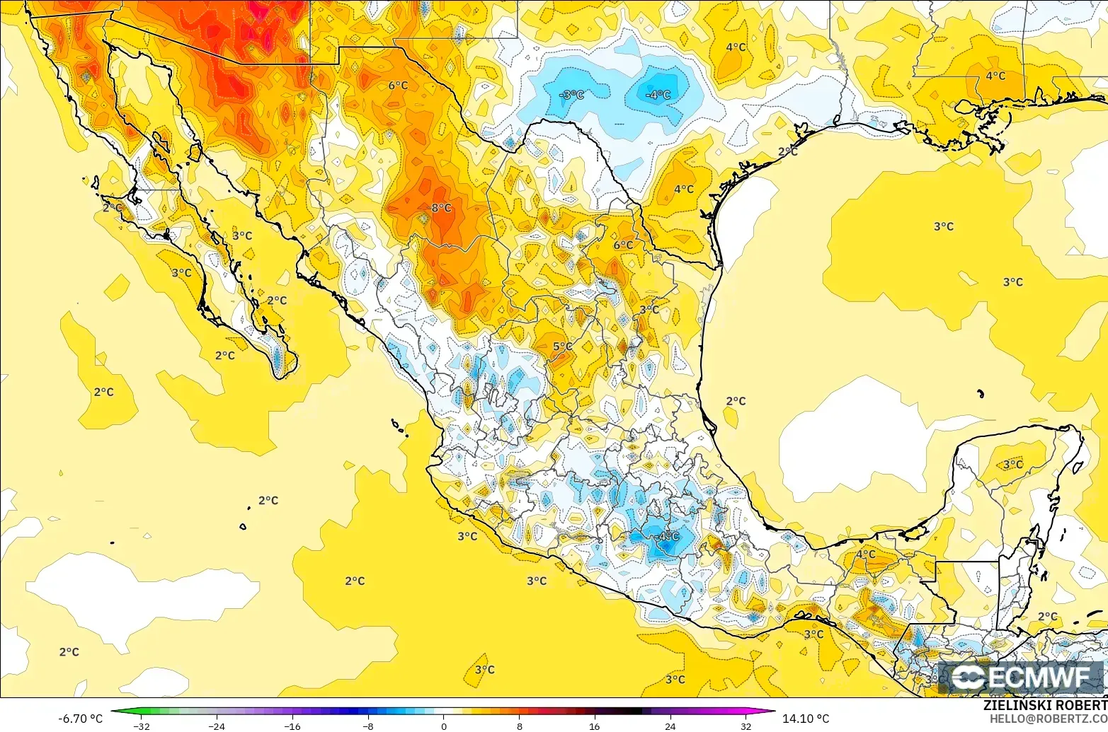 ECMWF IFS 0.25° modelo - México, Anomalía de temperatura a 2 m