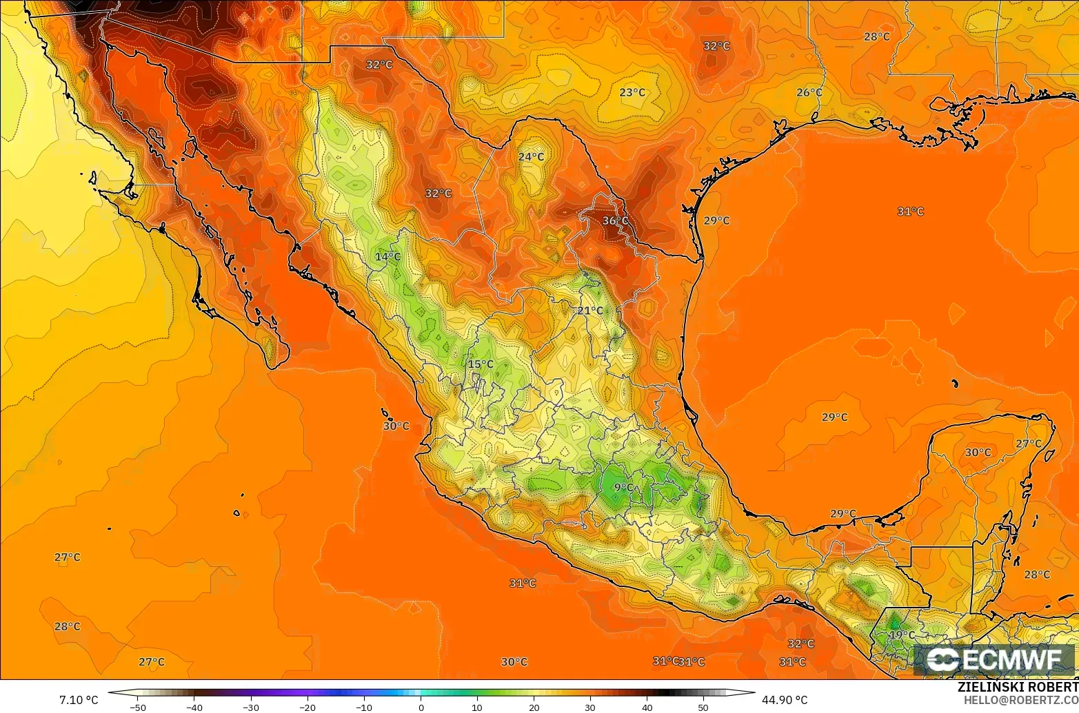 ECMWF IFS 0.25° modelo - México, Temperatura a 2 m