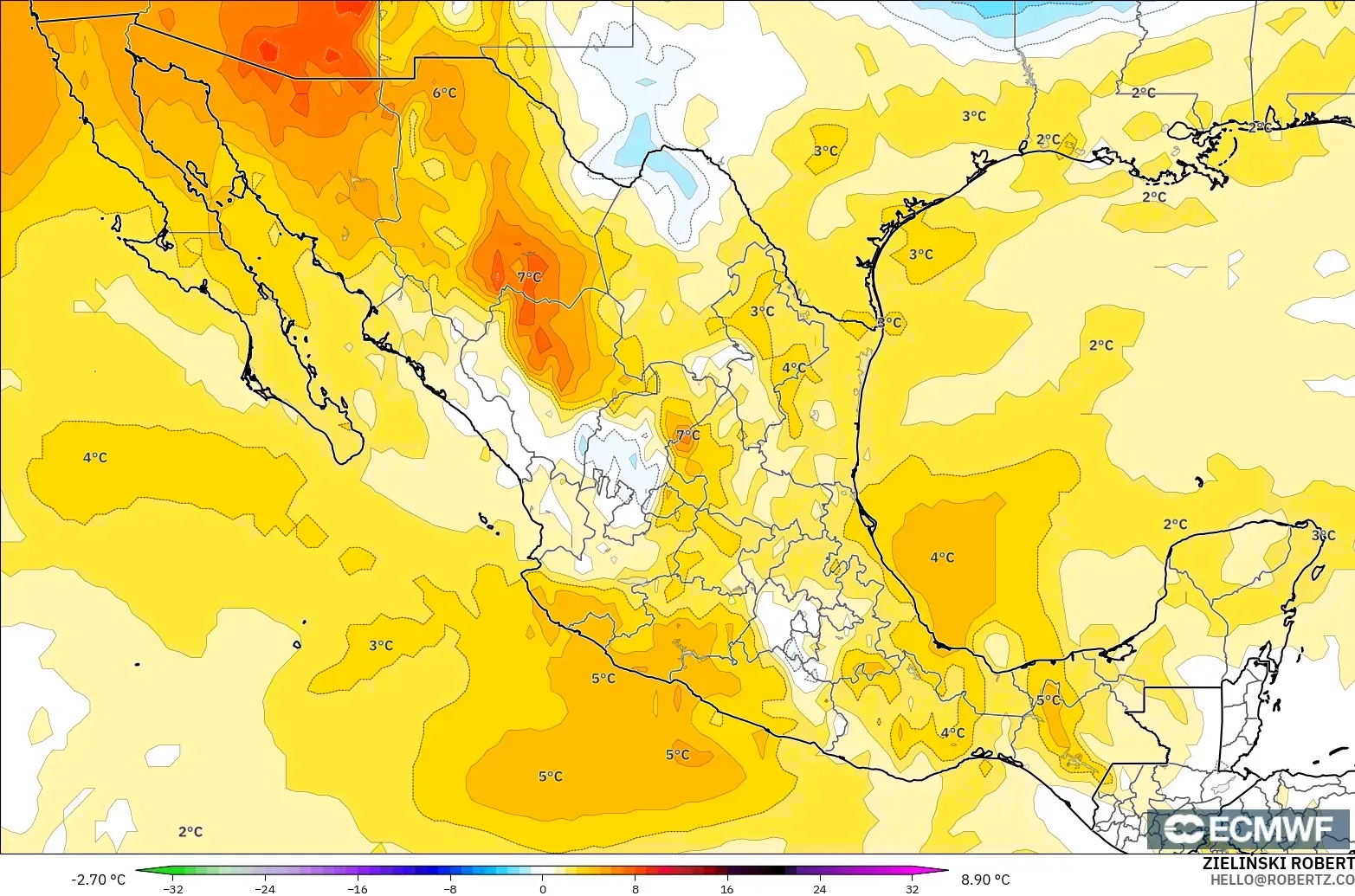 ECMWF IFS 0.25° modelo - México, Anomalía de temperatura a 850 hPa