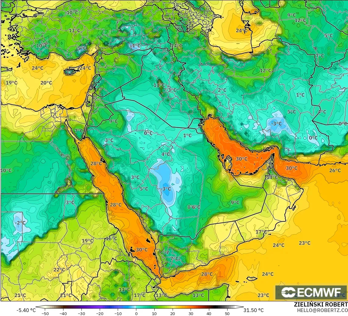 ECMWF IFS 0.25° modelo - Oriente Medio, Punto de rocío a 2 m