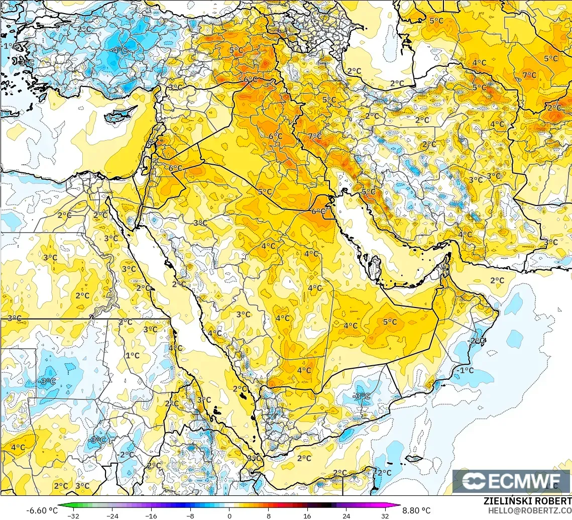 ECMWF IFS 0.25° modelo - Oriente Medio, Anomalía de temperatura a 2 m
