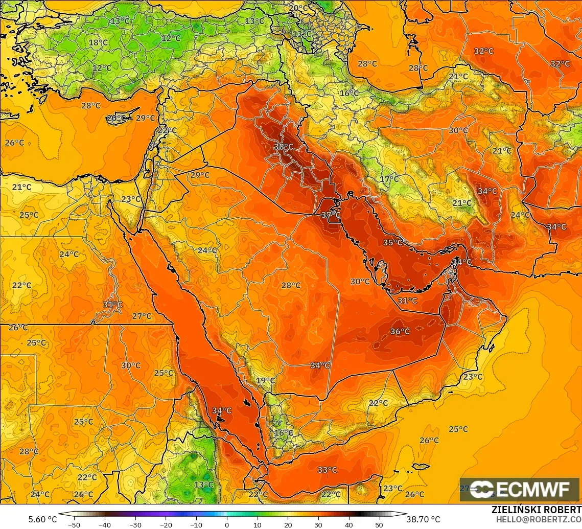 ECMWF IFS 0.25° modelo - Oriente Medio, Temperatura a 2 m