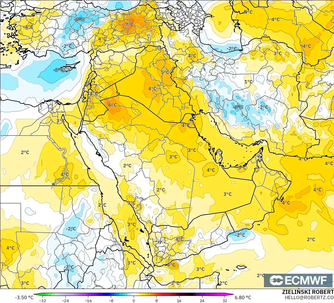 ECMWF IFS 0.25° modelo - Oriente Medio, Anomalía de temperatura a 850 hPa