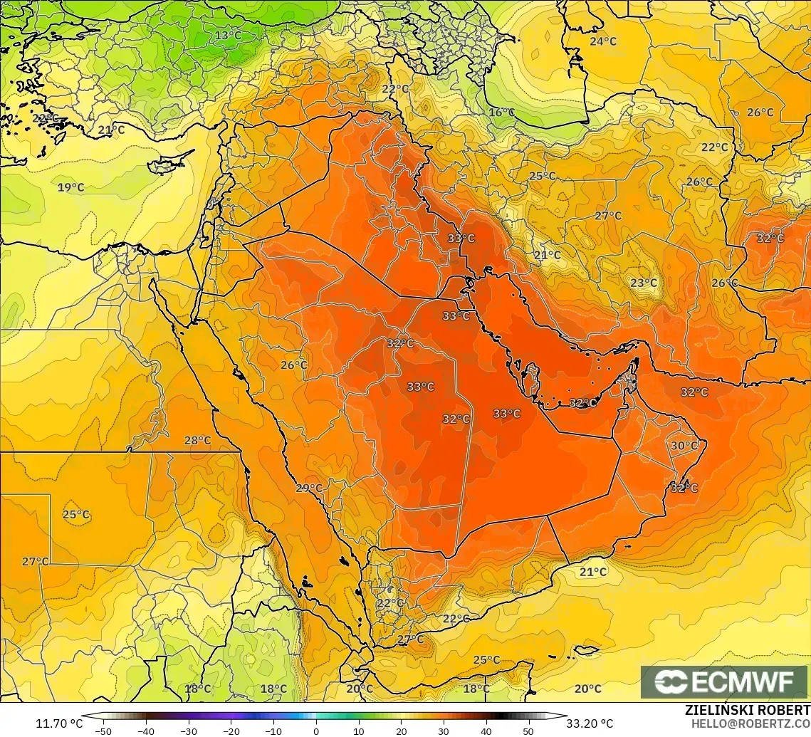 ECMWF IFS 0.25° modelo - Oriente Medio, Temperatura a 850 hPa