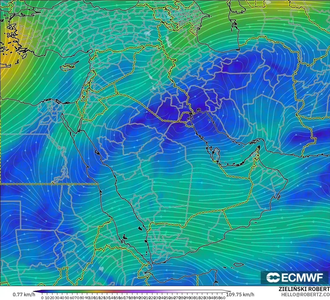 ECMWF IFS 0.25° modelo - Oriente Medio, Viento a 300 hPa (corriente en chorro)