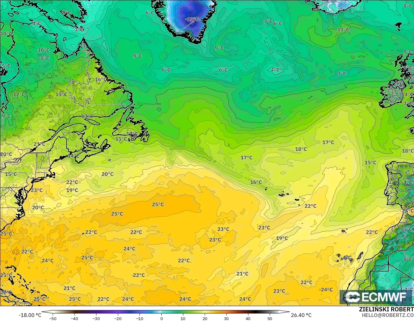 ECMWF IFS 0.25° modelo - Norte Atlántico, Punto de rocío a 2 m