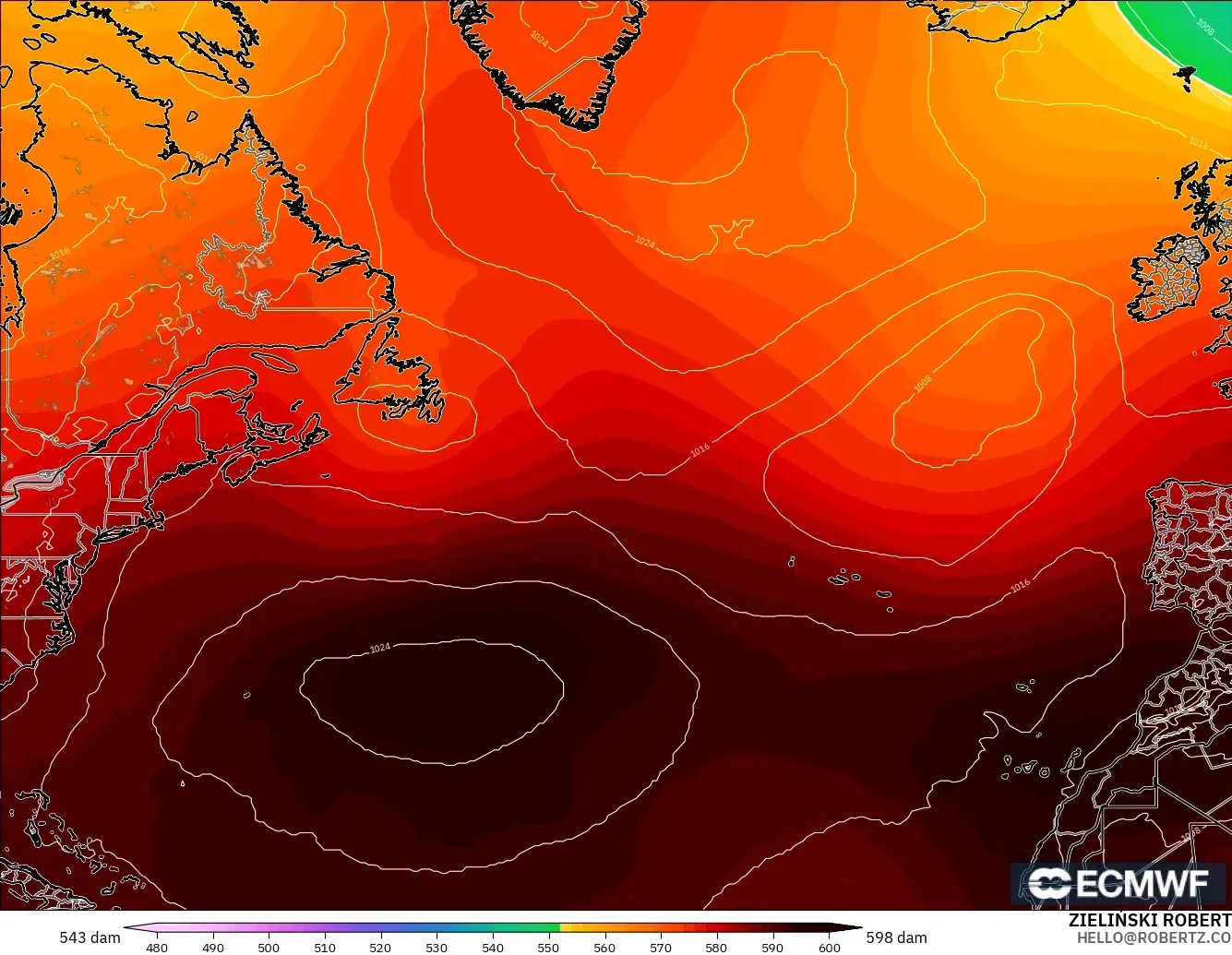 ECMWF IFS 0.25° modelo - Norte Atlántico, Altura geopotencial a 500 hPa