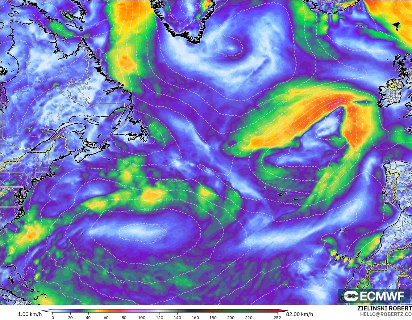 ECMWF IFS 0.25° modelo - Norte Atlántico, Ráfagas de viento