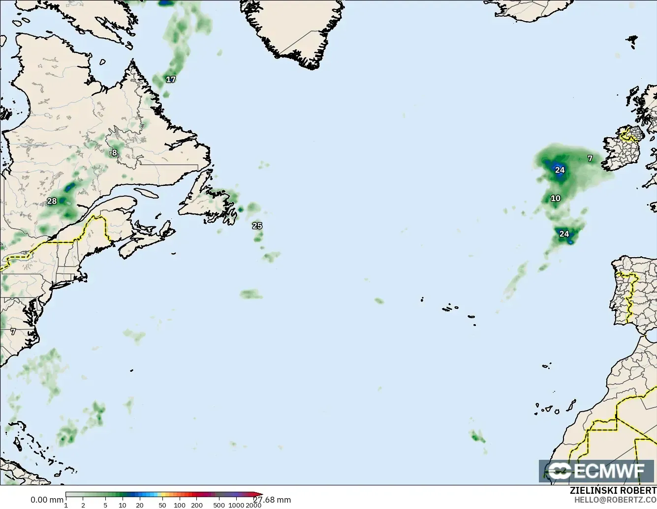 ECMWF IFS 0.25° modelo - Norte Atlántico, Acumulación de precipitación