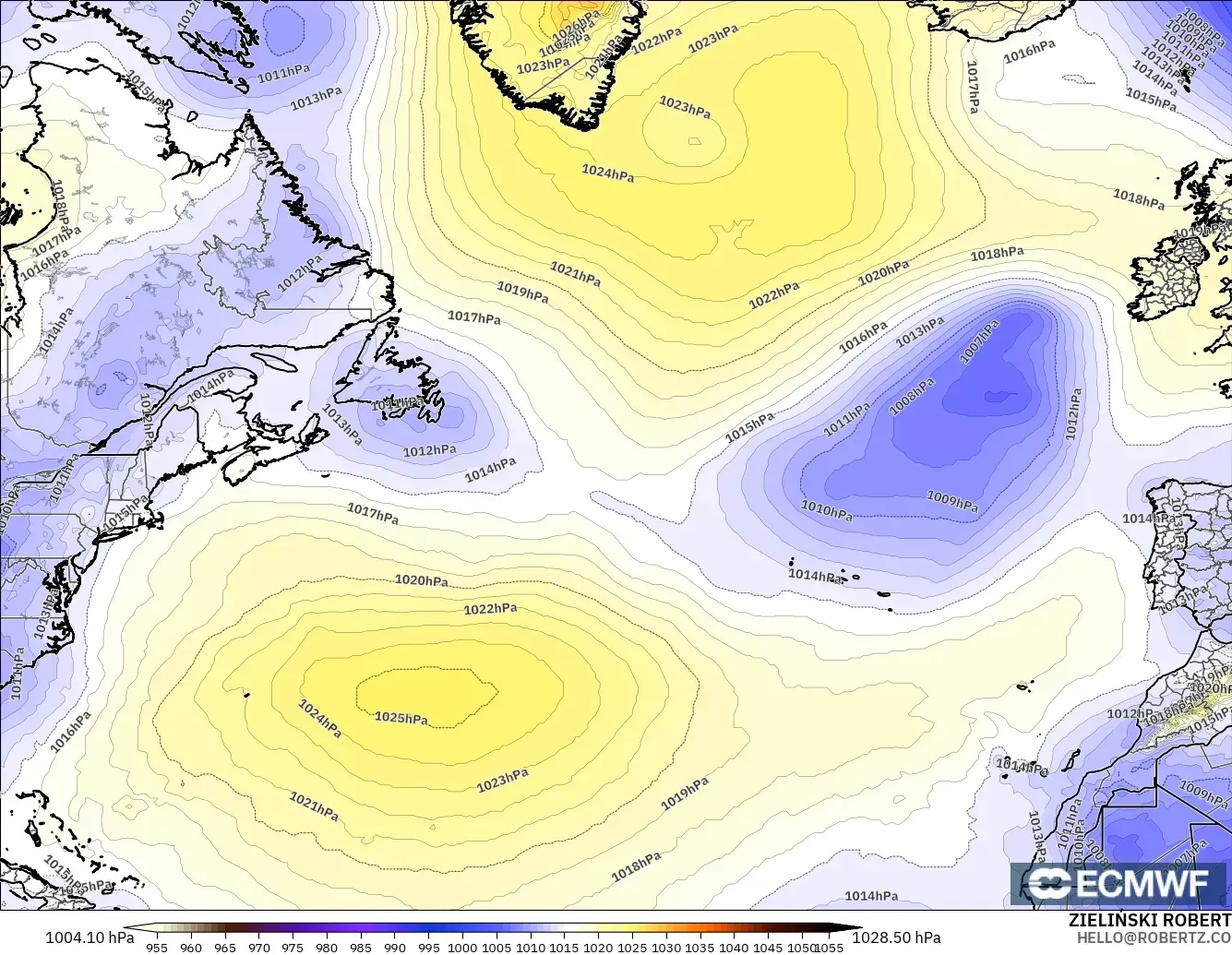 ECMWF IFS 0.25° modelo - Norte Atlántico, Presión