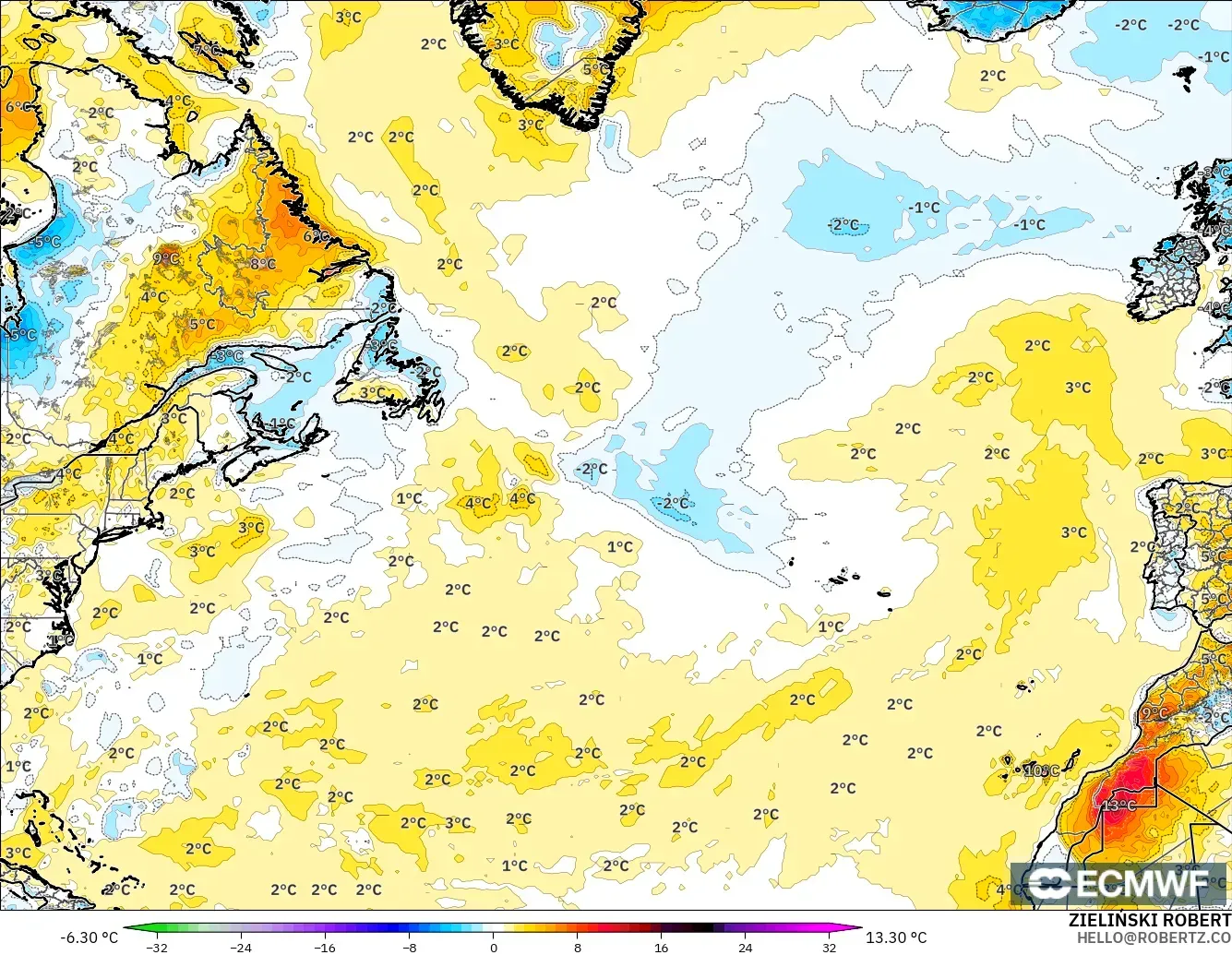 ECMWF IFS 0.25° modelo - Norte Atlántico, Anomalía de temperatura a 2 m
