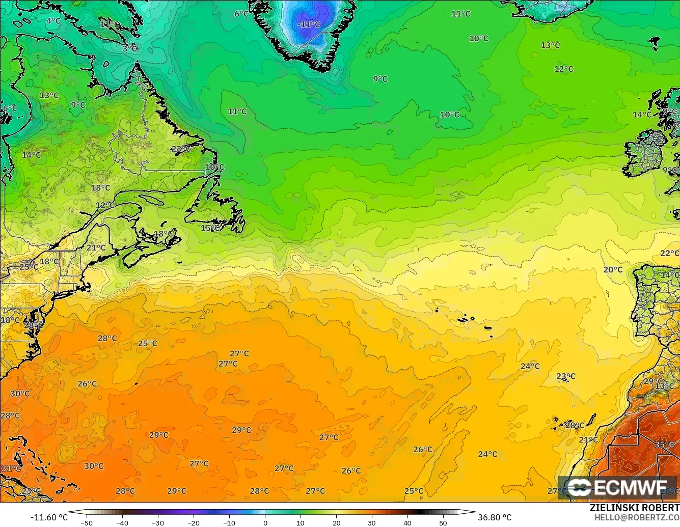 ECMWF IFS 0.25° modelo - Norte Atlántico, Temperatura a 2 m