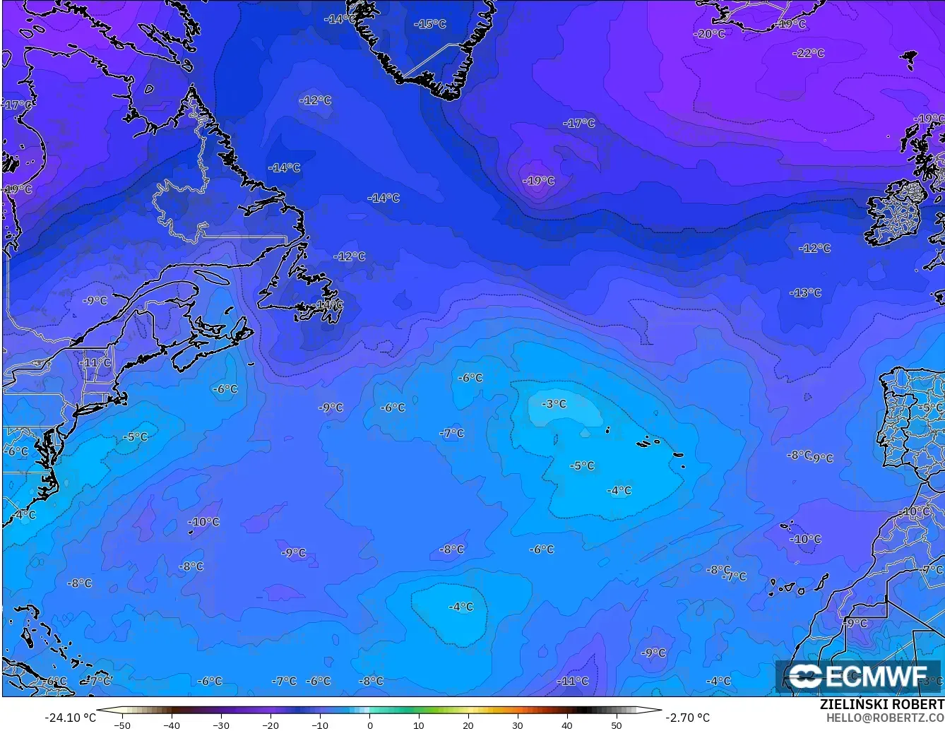 ECMWF IFS 0.25° modelo - Norte Atlántico, Temperatura a 500 hPa
