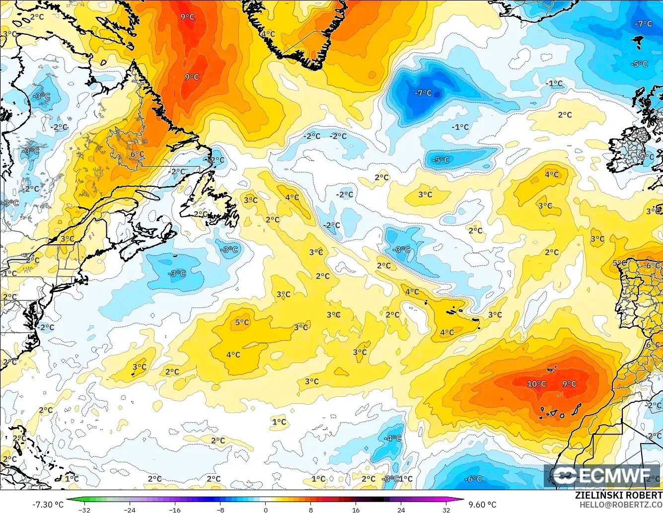 ECMWF IFS 0.25° modelo - Norte Atlántico, Anomalía de temperatura a 850 hPa