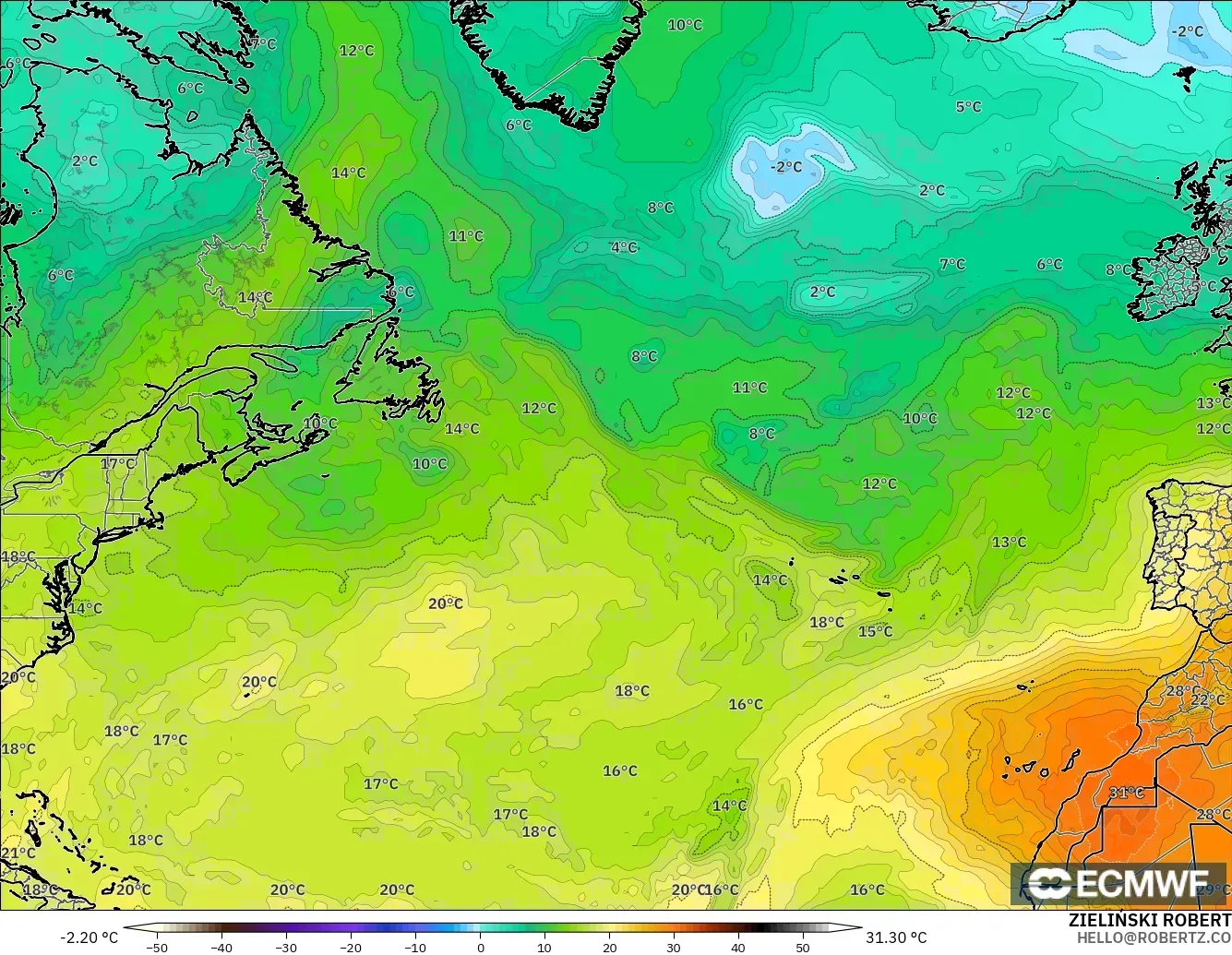 ECMWF IFS 0.25° modelo - Norte Atlántico, Temperatura a 850 hPa