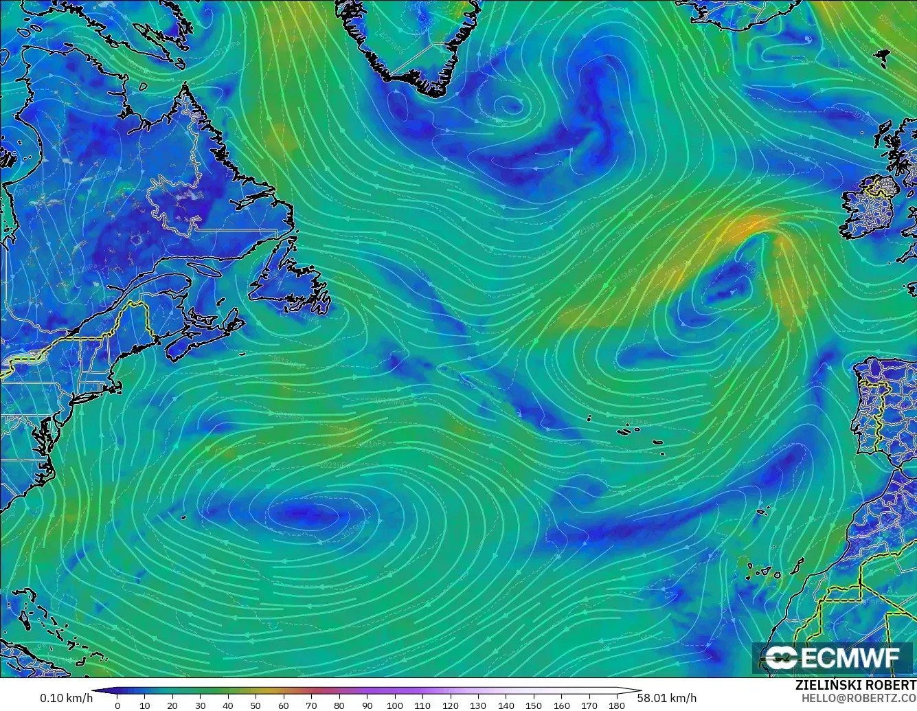 ECMWF IFS 0.25° modelo - Norte Atlántico, Viento a 10 m