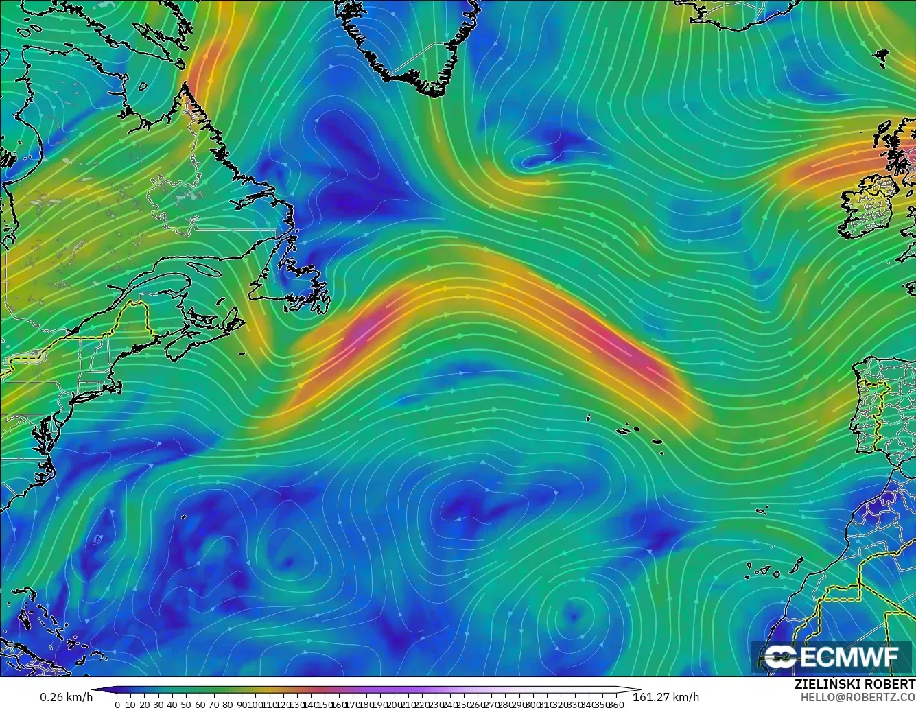 ECMWF IFS 0.25° modelo - Norte Atlántico, Viento a 300 hPa (corriente en chorro)