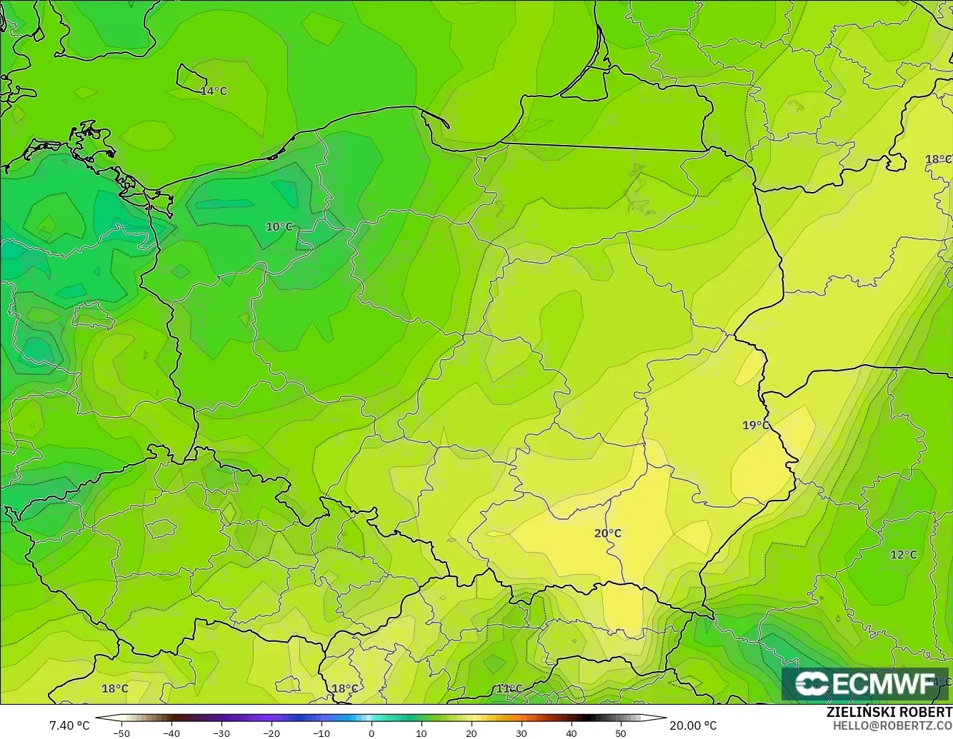 ECMWF IFS 0.25° modelo - Polonia, Punto de rocío a 2 m